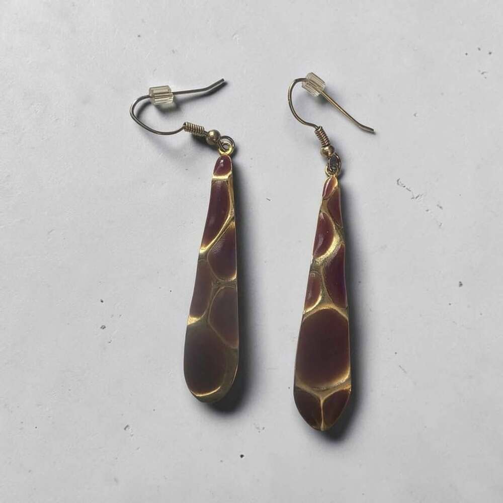 Brown and Gold Giraffe Enamel Teardrop Earrings